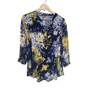 Cocomo Woman Navy Blue Yellow Floral V Neck 3/4 Sleeve Tunic Top Shirt Sz M